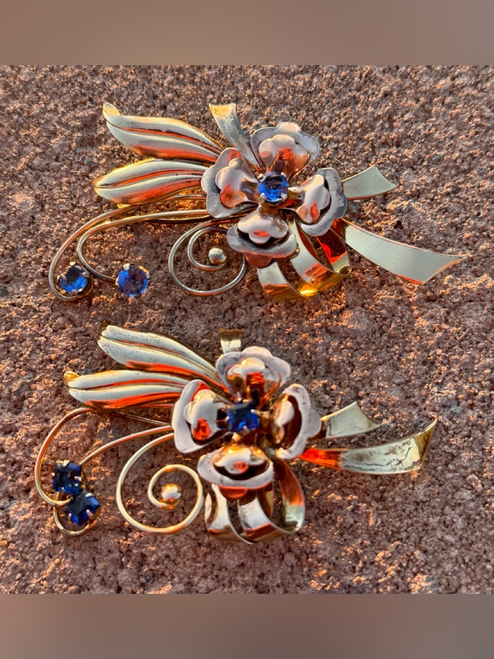 Vintage Retro 10K Gold Filled Floral Spray Brooch Pins Blue Stone Pair 1940s LOT